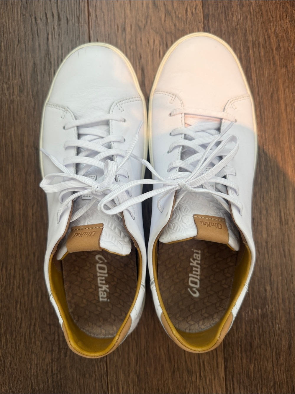 OluKai Lae’ Ahi Li ‘Ili White Sneakers with Beige Interior Trim